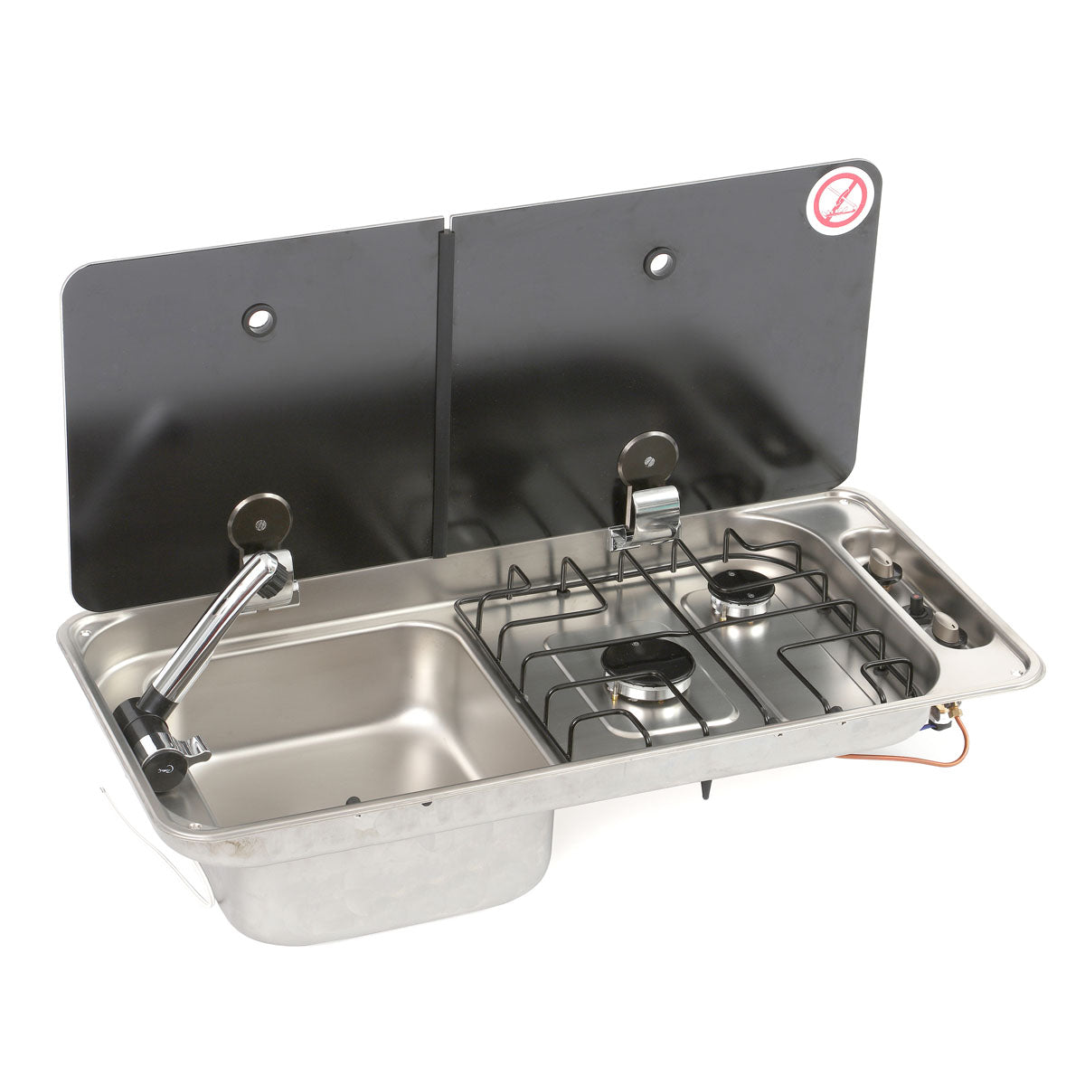 Placa de cocina de 2 fuegos con tapa de cristal templado ahumado de dos piezas, lado izquierdo, con desagüe y grifo incluidos.