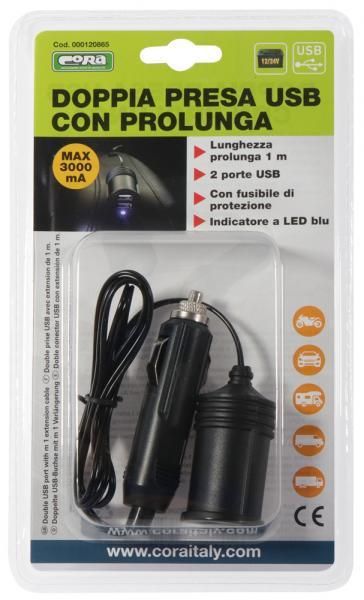 Toma USB doble Cora con cable alargador de 1 m