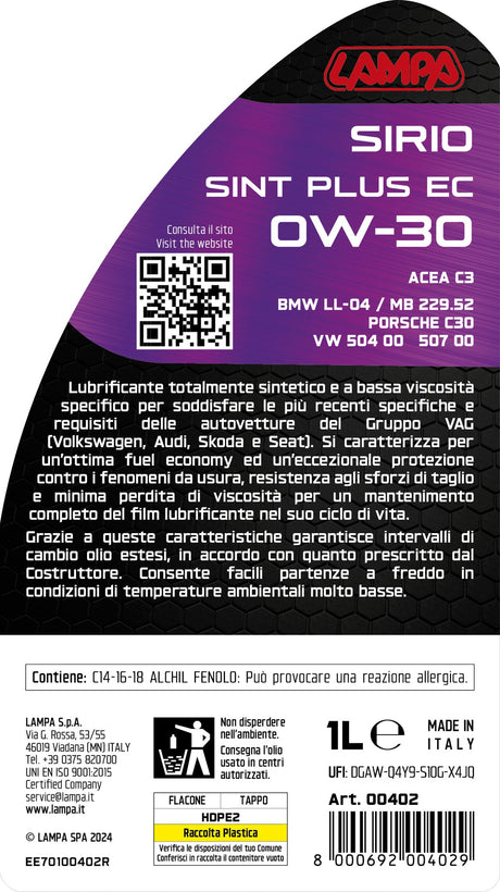 Lampa Sirio Sint Plus EC 0W-30, olio motore auto - 1 L 00402