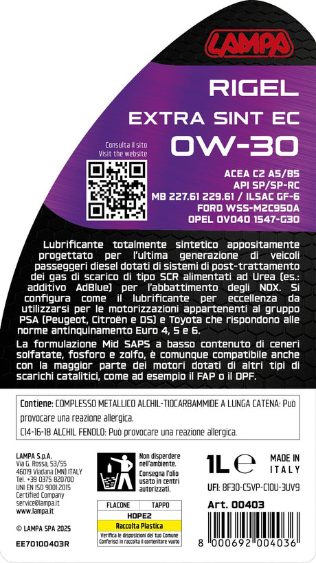 Lampa Rigel Extra Sint EC 0W-30, olio motore auto - 1 L 00403