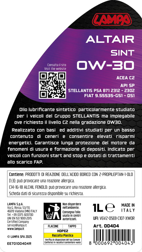 Lampa Altair Sint 0W-30, olio motore auto - 1 L 00404