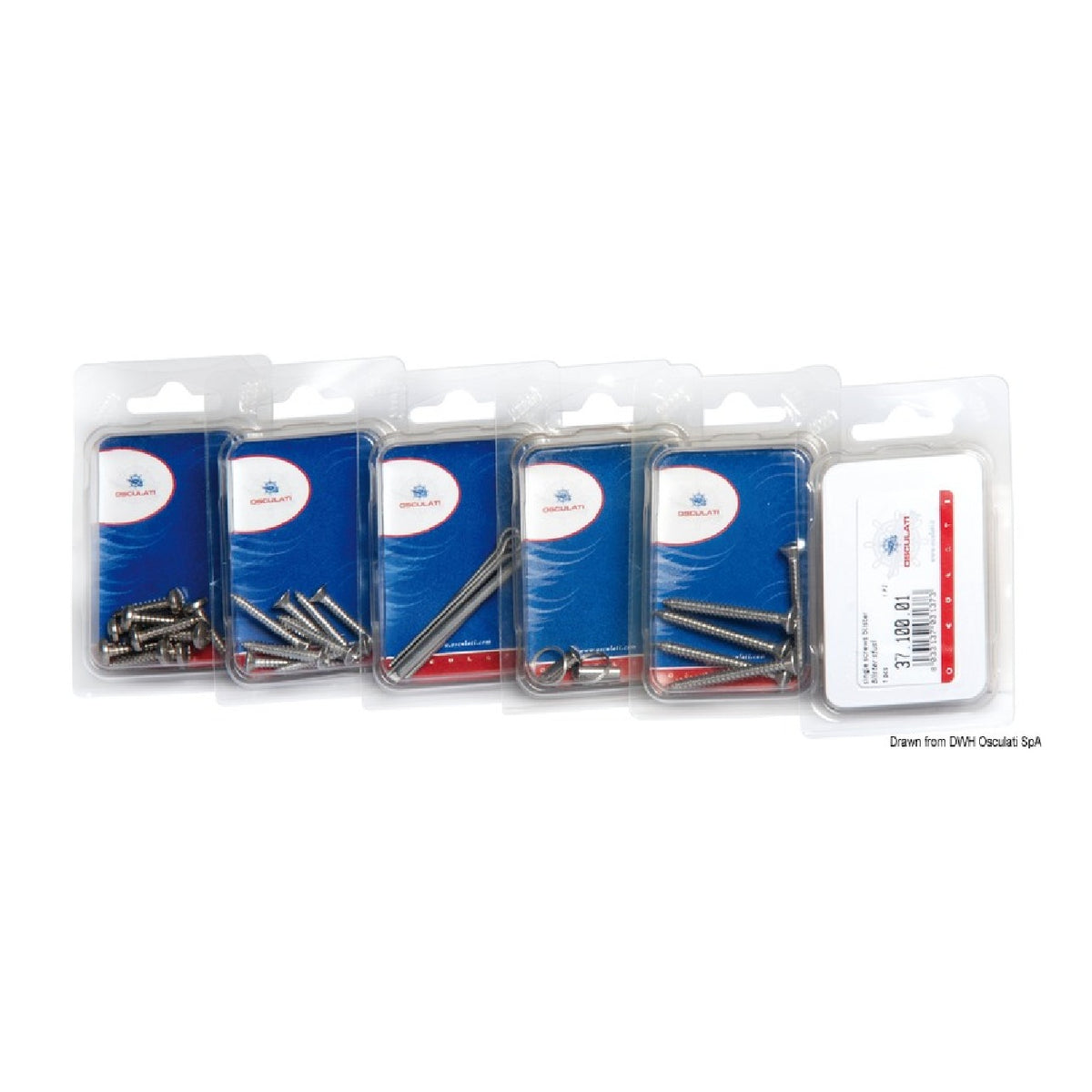 Osculati Viteria in blister - Viti a metallo testa svasata piana DIN 963 + dado DIN 934 + rondella DIN 125 / Viti a metallo testa esagonale DIN 933 + dado DIN 934 + rondella DIN 125 / Copiglie DIN 94 / Viti a metallo testa svasata piana DIN965 + dado DIN9