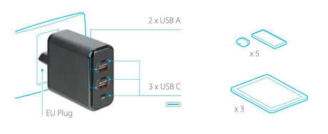 Lampa Multipower, caricabatteria da rete con 5 porte USB - PD / QC 3.0 - 60W - 100/230V 38720