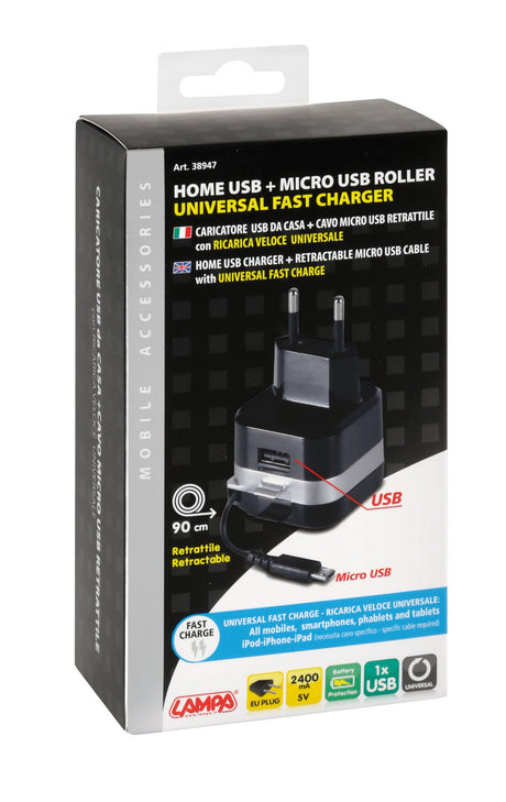 Caricabatteria da rete Micro Usb con 1 porta Usb Fast Charge 2400 mA 100/230V 38947