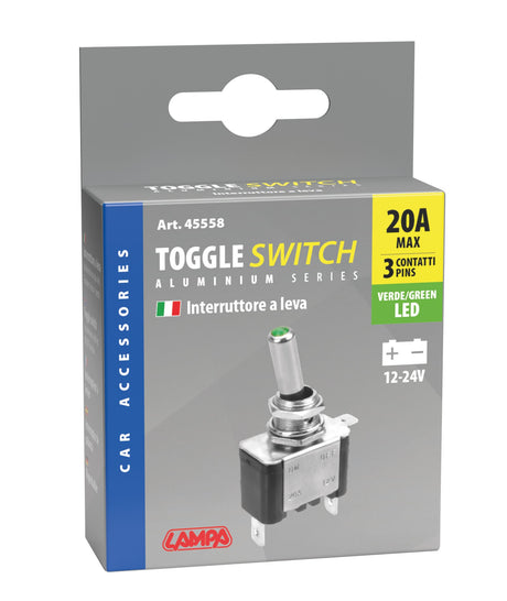 Lampa Interruttore a leva, in alluminio con spia a Led - 12/24V - Verde - 20A 45558