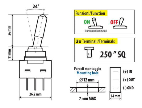 Interruttore a leva tipo Racing, in alluminio con spia a Led 12/24V Verde 20A 45560