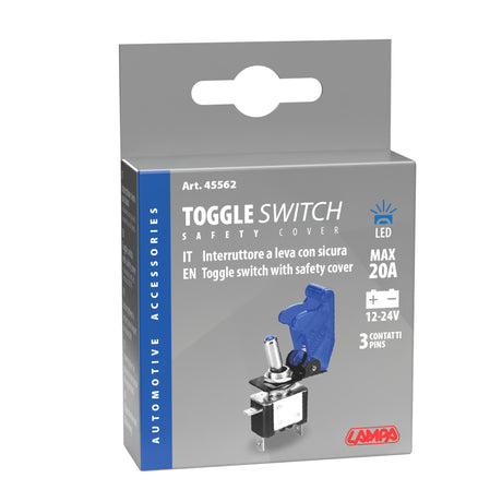 Lampa Interruttore a leva con sicura, in alluminio con spia a Led 12/24V Blu 20A 45562