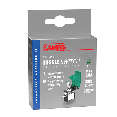 Interruttore a leva con sicura, in alluminio con spia a Led 12/24V Verde 20A 45563