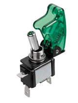Interruttore a leva con sicura, in alluminio con spia a Led 12/24V Verde 20A 45563