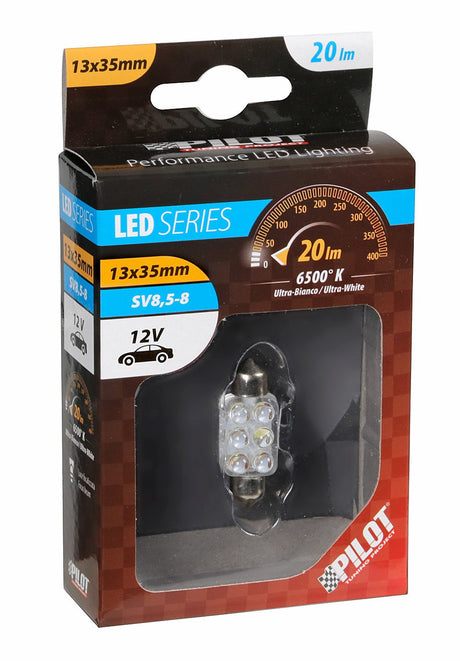 Pilot 12V Lampada siluro 6 Led - 13x35 mm - SV8,5-8 - 1 pz - Scatola - Bianco