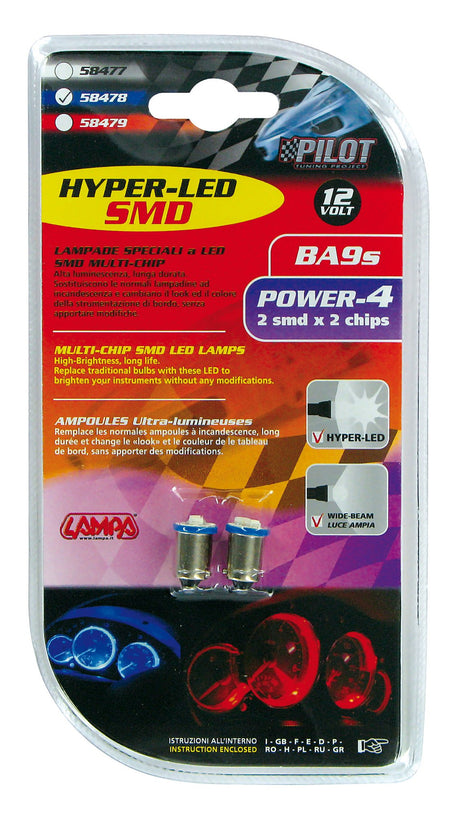 Pilot 12V Hyper-Led 6 - 2 SMD x 3 chips - BA9s - 2 pz - D/Blister - Blu