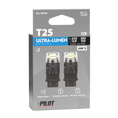 Pilot 12V Ultra-Lumen Series - (P27/7W) - W2,5x16q - 2 pz - Scatola - Bianco - Doppia polarità - Resistenza incorporata