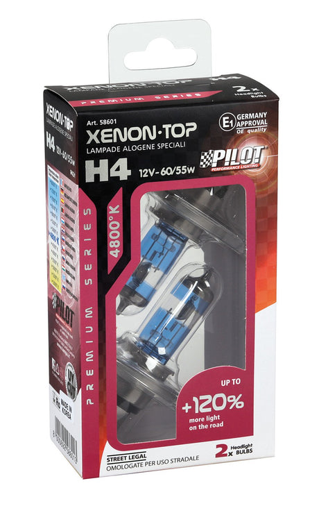 Pilot 12V Lampada alogena Xenon Top +120% luce H4 60/55W P43t 2 pz Scatola