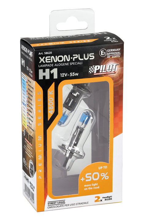 Pilot 12V Lampada alogena Xenon Plus +50% luce H1 55W P14,5s 2 pz Scatola