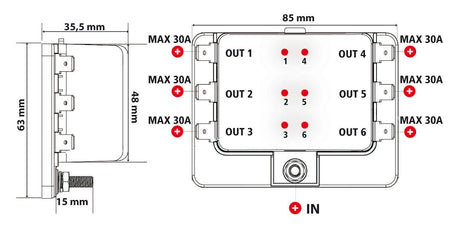 Lampa Fuse Block, scatola portafusibili, 1 entrata - 6 uscite, 12/24V 70097