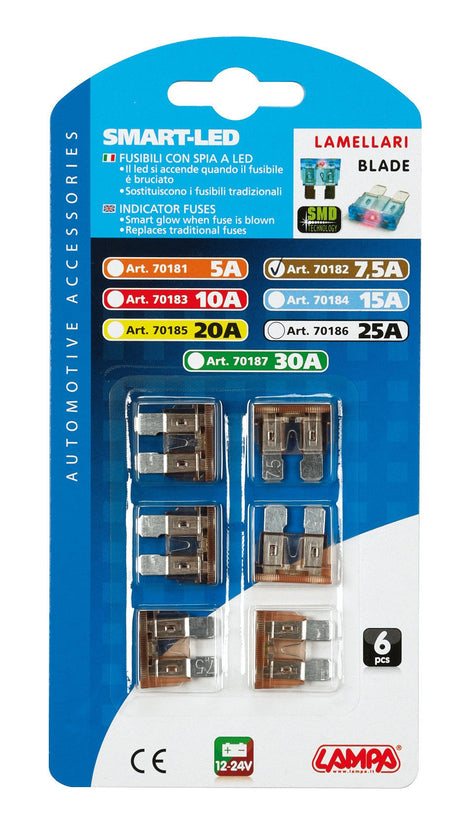 Lampa Smart Led, set 6 fusibili lamellari con spia a led, 12/32V - 7,5A 70182