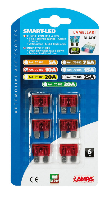 Lampa Smart Led, set 6 fusibili lamellari con spia a led, 12/32V - 10A 70183