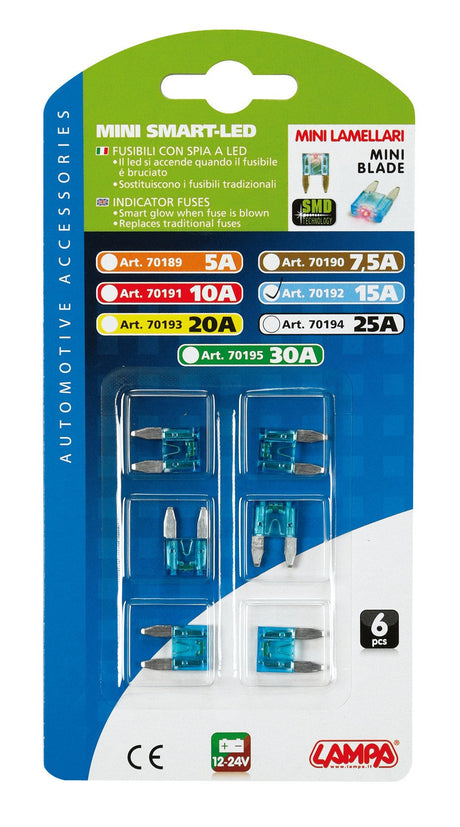 Lampa Smart Led, set 6 micro-fusibili lamellari con spia a led, 12/32V - 15A 70192