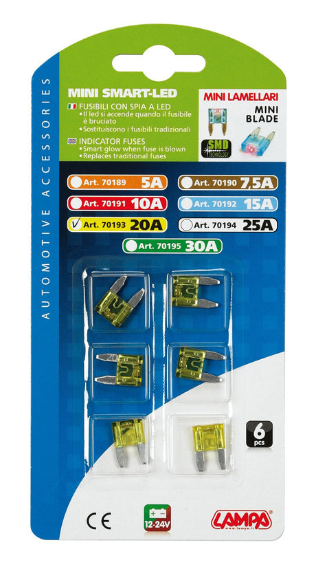 Lampa Smart Led, set 6 micro-fusibili lamellari con spia a led, 12/32V - 20A 70193