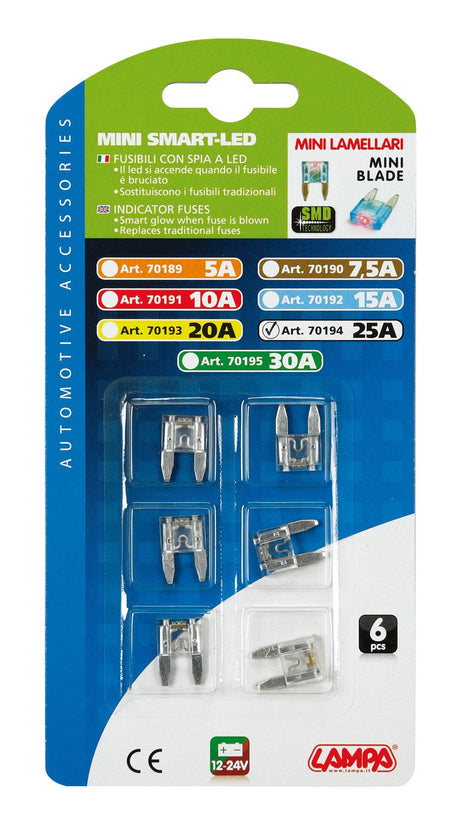 Lampa Smart Led, set 6 micro-fusibili lamellari con spia a led, 12/32V - 25A 70194