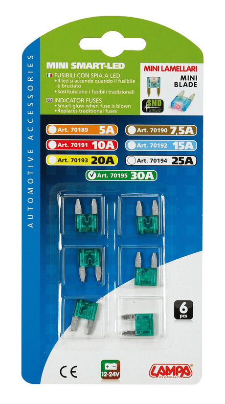 Lampa Smart Led, set 6 micro-fusibili lamellari con spia a led, 12/32V - 30A 70195