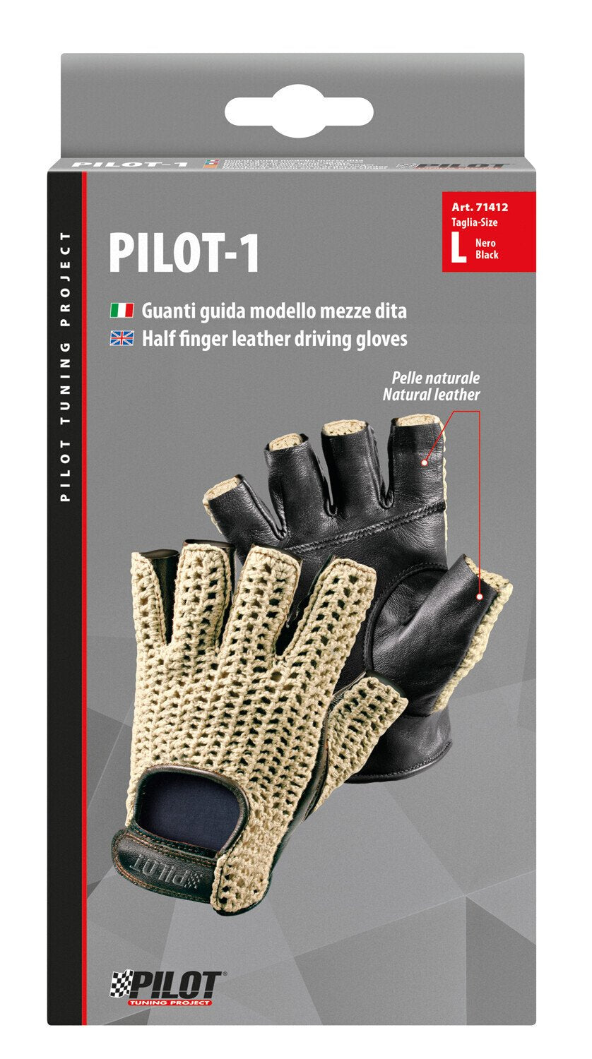 Pilot -1, guanti guida mezze dita - L - Nero
