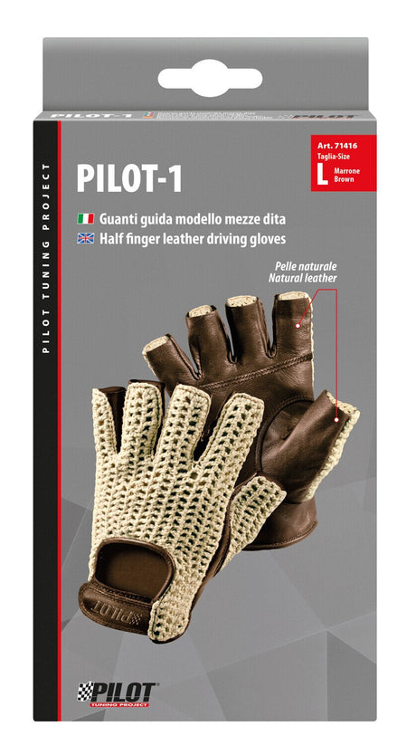Pilot -1, guanti guida mezze dita - L - Marrone