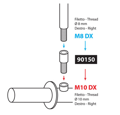 Lampa Adattatore per specchi moto - Filetto  8 mm dx >  10 mm dx 90150