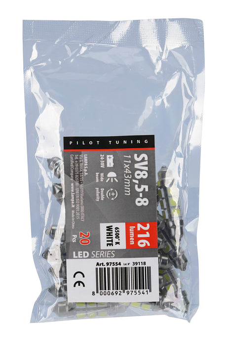 Pilot 24/28V Led Series - 12 Led SMD - 11x43 mm - SV8,5-8 - 20 pz - Busta - Bianco - Doppia polarità