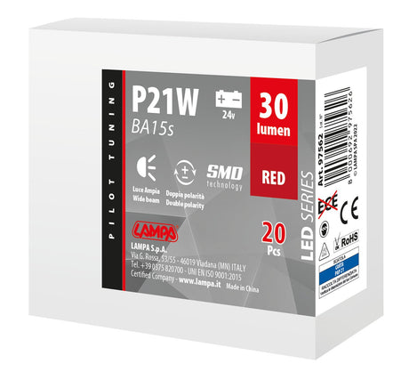 Pilot 24V Led Series - 4 SMD x 1 chip - (P21W) - BA15s - 20 pz - Scatola - Rosso - Doppia polarità