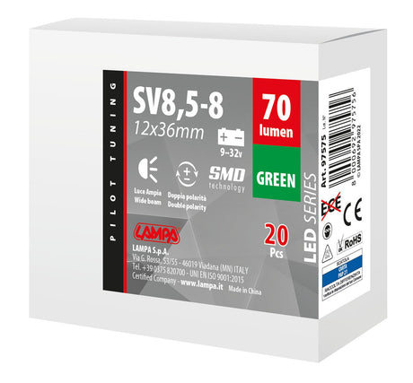 Pilot 9/32V Led Series 2 SMD x 1 chip - 12x36 mm - SV8,5-8 - 20 pz - Scatola - Verde - Doppia polarità - Resistenza incorporata