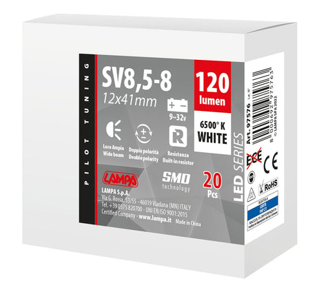Pilot 9/32V Led Series 2 SMD x 1 chip - 12x41 mm - SV8,5-8 - 20 pz - Scatola - Bianco - Doppia polarità - Resistenza incorporata
