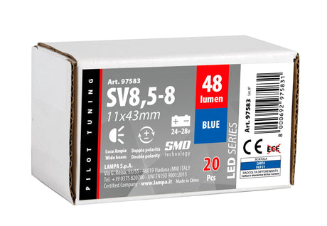 Pilot 24/28V Led Series - 12 Led SMD - 11x43 mm - SV8,5-8 - 20 pz - Scatola - Blu - Doppia polarità