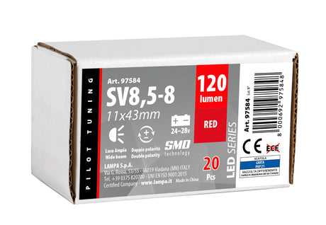 Pilot 24/28V Led Series - 12 Led SMD - 11x43 mm - SV8,5-8 - 20 pz - Scatola - Rosso - Doppia polarità