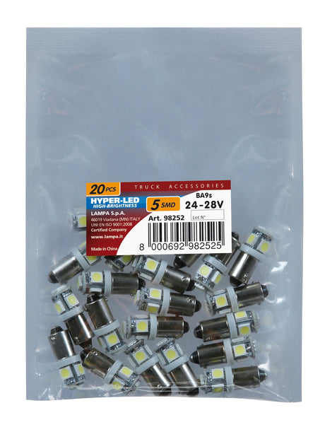 24/28V Hyper-Led 15 5 SMD x 3 chips T4W BA9s 20 pz Busta Bianco Doppia polarità 98252