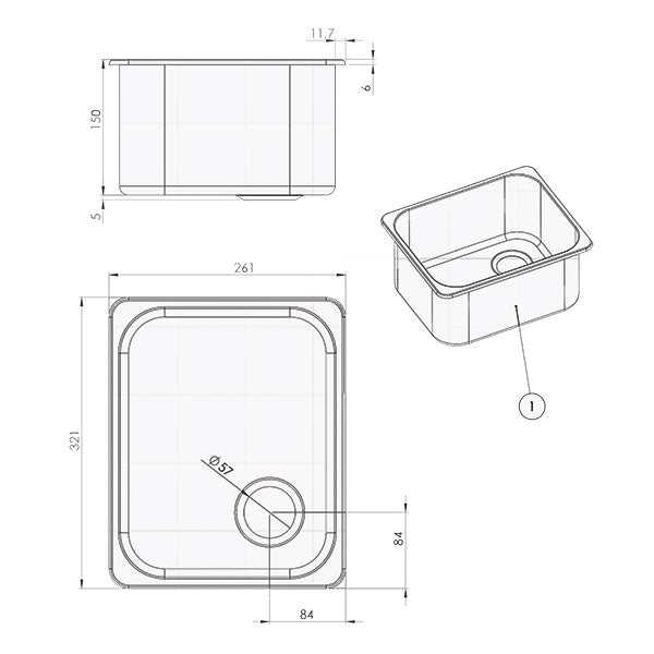 Lavello inox rettangolare 320x260mm 8032793936893