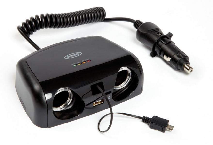 Toma de mechero doble Ring de 12 V y 10 A con USB 2 A, micro USB 1 A y comprobador de batería