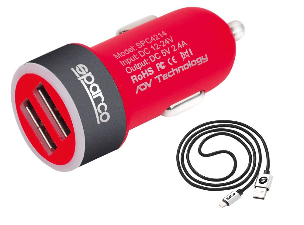 Sparco Ladegerät mit zwei USB-Ausgängen (5 V, 2,4 A) und 1 m Lightning-Kabel