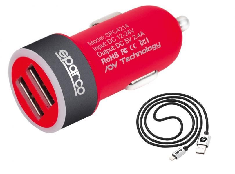 Sparco Ladegerät mit zwei USB-Ausgängen (5 V, 2,4 A) und 1 m Lightning-Kabel